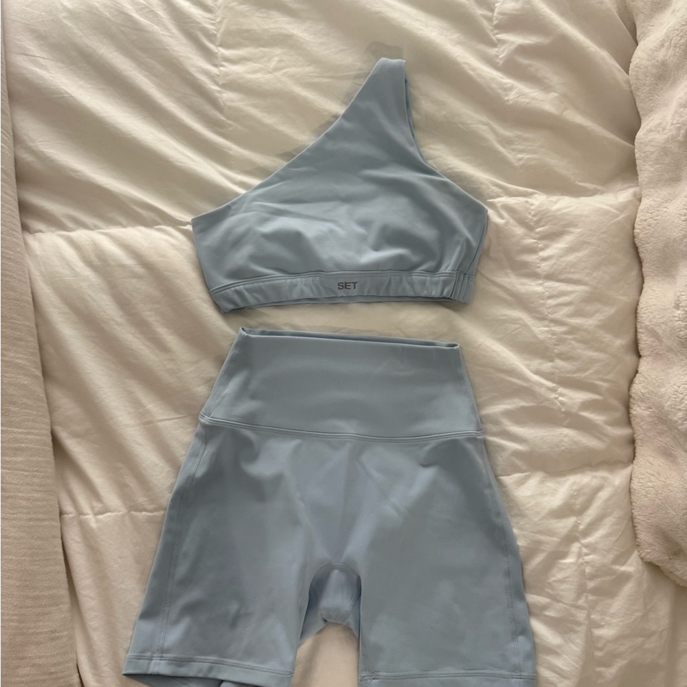 SET Active One-Shoulder Light Blue Sports Crop Top & High-Waist Bike Shorts